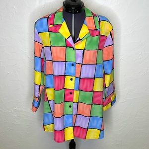 Notations Vintage Color Block Checkered 3/4 Sleeve Button Up Blouse.
